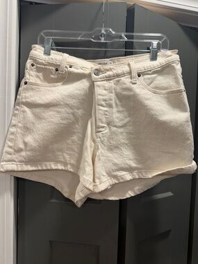 Abercrombie & Fitch Cream High-Rise Rolled Hem Denim Shorts